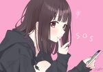  1girl absurdres blush brown_eyes brown_hair cellphone collarbone grey_hoodie highres holding holding_phone hood hoodie looking_at_viewer medium_hair nanase_kurumi_(menhera-chan) original phone pink_background pomu pout signature smartphone solo squiggle v 