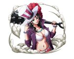  1girl alvida_(one_piece) black_hair blue_eyes bra bracelet breasts cleavage earrings hat holding holding_weapon jacket jewelry looking_at_viewer mace necklace official_art one_piece one_piece_treasure_cruise open_clothes open_jacket purple_jacket spiked_mace spikes top_hat underwear weapon white_bra 