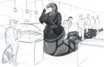  2023 anthro apode bakery big_breasts biped breasts cleavage clothed clothing digital_media_(artwork) doctordj draconcopode female forked_tongue greyscale group hi_res inside legless male mammal monochrome naga procyonid purse raccoon reptile scalie serpentine snake tongue tongue_out 