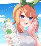  1girl :d bangs blue_eyes blue_sky blush bottle breasts cloud cloudy_sky commentary contrail day eyebrows_hidden_by_hair fingernails go-toubun_no_hanayome green_hairband green_ribbon hair_between_eyes hair_ribbon hairband highres holding holding_bottle holding_towel looking_at_viewer low_ponytail medium_breasts nakano_yotsuba orange_hair outstretched_arm ponytail profnote ribbon shirt short_sleeves sidelocks sky smile solo sweat teeth towel upper_body upper_teeth_only water_bottle white_shirt wiping_sweat 