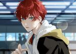  1boy amagi_hiiro bangs blue_eyes blush chinese_commentary commentary_request earrings ensemble_stars! highres hood hood_down hooded_jacket hoop_earrings jacket jewelry lights looking_at_viewer male_focus open_mouth red_hair rrr_(reason) short_hair solo sweat towel towel_around_neck 