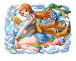  1girl architecture cherry_blossoms east_asian_architecture falling_petals gold japanese_clothes log_pose long_hair looking_at_viewer nami_(one_piece) official_art one_piece one_piece_treasure_cruise open_mouth orange_hair petals shoulder_tattoo solo tattoo teeth upper_teeth_only 