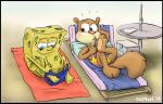  2016 404bot alcohol alcoholic_drink anthro beverage chair clothing cooler duo female furniture lounge_chair lounging magazine male mammal nickelodeon nude one-piece_swimsuit rodent sandy_cheeks sciurid sponge spongebob_squarepants spongebob_squarepants_(character) swimming_trunks swimwear table towel tree_squirrel undressing watermark 