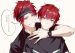  2boys amagi_hiiro amagi_rinne arm_around_neck bangs black_shirt blue_eyes bracelet chinese_commentary closed_mouth commentary_request earrings ensemble_stars! headband highres hoop_earrings jewelry multiple_boys necklace red_hair rrr_(reason) shirt short_hair short_sleeves single_earring smile teeth watch wristwatch 
