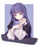  1girl aluce bangs blunt_bangs border bow bowtie elbow_rest expressionless frederica_bernkastel frilled_sleeves frills hand_on_own_wrist hands_up highres long_hair looking_at_viewer no_nose no_pupils outline outside_border puffy_sleeves purple_background purple_bow purple_bowtie purple_eyes purple_hair simple_background solo straight_hair umineko_no_naku_koro_ni upper_body white_border white_outline 