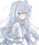  1girl blue_bow blue_eyes blue_hair blue_heart blush bow commentary dress grey_dress hair_between_eyes hair_bow highres long_hair looking_at_viewer original short_sleeves simple_background solo upper_body very_long_hair white_background yuni_0205 