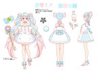  1girl absurdres ankle_strap bangs blue_eyes blue_hair blush bow cherry_blossoms color_guide dress footwear_bow frilled_dress frills gradient_hair hair_ornament hair_ribbon halter_dress halterneck hatsune_miku high_heels highres holding key long_hair masumofu multicolored_hair multiple_views off-shoulder_dress off_shoulder oversized_object pink_hair reference_sheet ribbon short_sleeves smile snowflake_hair_ornament translation_request treble_clef turnaround twintails two-tone_hair very_long_hair vocaloid wrist_cuffs 