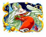  1girl alcohol champagne christmas_tree dress feathered_wings green_hair hair_ornament harpy long_hair looking_at_viewer monet_(one_piece) monster_girl night night_sky official_art one_piece one_piece_treasure_cruise orange_eyes red_dress ribbon sky snowflakes wings yellow_ribbon 