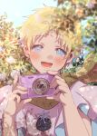  1boy blonde_hair blue_eyes blush bush camera child digital_camera fate/grand_order fate_(series) flower fuji_cak holding holding_camera male_child male_focus open_mouth outdoors robe rose scarf short_hair solo voyager_(fate) white_flower white_robe white_rose 