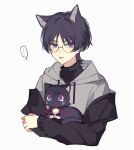  ... 1boy alternate_costume animal animal_ear_fluff animal_ears bangs black_jacket black_sweater blush cat cat_ears closed_mouth drawstring genshin_impact glasses grey_hoodie hair_between_eyes hand_up highres hood hood_down hoodie jacket jewelry kemonomimi_mode long_sleeves looking_at_another looking_at_viewer looking_up makeup necklace no_headwear no_mouth open_clothes open_jacket parted_bangs pink_ribbon pom_pom_(clothes) puffy_long_sleeves puffy_sleeves purple_cat purple_eyes purple_hair red_eyeliner reido_0723 ribbon round_eyewear scaramouche_(cat)_(genshin_impact) scaramouche_(genshin_impact) short_hair simple_background sitting sitting_on_person speech_bubble spoken_ellipsis sweater tongue tongue_out turtleneck turtleneck_sweater upper_body v-shaped_eyebrows white_background 