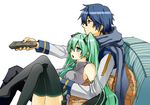  1girl aqua_eyes aqua_hair bad_id bad_pixiv_id blue_eyes blue_hair blue_scarf controller crossed_legs hatsune_miku irono_(irtyu) kaito long_hair necktie pillow remote_control scarf sitting thighhighs twintails vocaloid 