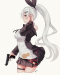  1girl :3 arm_up bangs bare_shoulders belt black_jacket black_neckwear black_ribbon black_skirt blouse blush bow bowtie breasts center_frills chains commission cowboy_shot crescent crescent_earrings earrings ehrrr five-seven_(girls_frontline) five-seven_(gun) frilled_shirt frills from_side girls_frontline gun hair_ornament hair_ribbon handgun high_ponytail highres holding holding_gun holding_weapon huaji jacket jewelry long_ponytail long_sleeves medium_breasts miniskirt off_shoulder open_clothes open_jacket pistol pleated_skirt ribbon shirt silver_hair simple_background skirt sleeveless sleeveless_shirt smile solo standing thigh_strap tied_hair twitter_username weapon white_background white_blouse white_shirt yellow_eyes zipper_pull_tab 