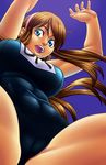  blue_eyes breasts brown_hair cameltoe dead_or_alive highres hitomi_(doa) large_breasts long_hair masato_(mk) one-piece_swimsuit school_swimsuit solo spread_legs swimsuit 