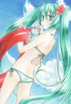  1girl ass bikini blue_sky blush cloud day drinking drinking_straw floating_hair flower fujiwara_minaho green_eyes green_hair hair_between_eyes halterneck hatsune_miku hibiscus holding innertube long_hair looking_at_viewer marker_(medium) outdoors red_hair shiny shiny_hair side-tie_bikini sky solo standing striped striped_bikini swimsuit traditional_media transparent twintails very_long_hair vocaloid watermark 