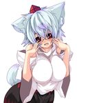  animal_ears bad_id bad_pixiv_id bespectacled breasts detached_sleeves glasses hat huge_breasts inubashiri_momiji red_eyes short_hair silver_hair solo tail tokin_hat toono_yayoi touhou wolf_ears wolf_tail 
