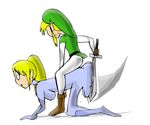  1boy 1girl animated animated_gif blonde_hair blue_eyes gif hat link metroid nintendo pointy_ears ponytail samus_aran skin_tight spanked spanking sword the_legend_of_zelda weapon zero_suit 