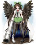  alternate_weapon arm_cannon asymmetrical_clothes bad_id bad_pixiv_id bow brown_hair eyes green_bow hair_bow highres long_hair mismatched_footwear red_eyes reiuji_utsuho ringpearl solo thighhighs touhou weapon wings 
