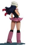  ass beanie blue_hair boots from_behind hat hikari_(pokemon) holding holding_poke_ball long_hair looking_back no_panties pink_footwear poke_ball pokemon red_scarf scarf solo tsumitani_daisuke wind wind_lift 