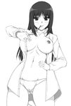  breast_slip breasts cameltoe food greyscale groin hand_on_hip kurusugawa_ayaka large_breasts long_hair monochrome navel nipples one_breast_out open_clothes open_shirt panties pocky shichimenchou shirt simple_background solo to_heart underwear 