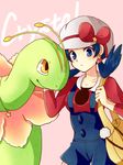  bag blue_eyes blue_hair breasts cosplay crystal_(pokemon) gen_2_pokemon hat hat_ribbon medium_breasts meganium mokorei overalls pokemon pokemon_(creature) pokemon_(game) pokemon_hgss pokemon_special red_ribbon ribbon star twintails 