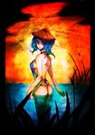  apron ass back blue_eyes blue_hair breasts cattail fundoshi hat highres japanese_clothes kawashiro_nitori kido_(choushouya) looking_back medium_breasts older plant rice_hat short_hair sideboob solo sunset touhou two_side_up water 