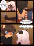  2019 amalia_(claralaine) blue_eyes blush claralaine clothed clothing comic cub domestic_cat felid feline felis female foreskin gloves_(marking) ken_(claralaine) male mammal markings penis sweat text yellow_eyes young 