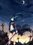 bad_id bad_pixiv_id belt bikini_top black_rock_shooter black_rock_shooter_(character) blue_hair burning_eye front-tie_top glowing glowing_eyes highres jacket long_hair navel scar shorts solo sword torn_clothes weapon zhuxiao517 