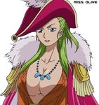  1girl big_breasts blue_eyes breasts cap cape cleavage female green_hair huge_breasts impel_down jewelry long_hair miss_olive necklace no_bra olive_(one_piece) one_piece photoshop screencap solo 