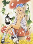  alice_(wonderland) alice_in_wonderland birdcage blonde_hair blue_eyes blush bottomless bow cage crease flat_chest grin hair_bow hair_over_breasts hair_ribbon highres kneehighs knife leaf legs long_hair mary_janes mushroom naked_shirt nature nipples off_shoulder open_clothes open_shirt outdoors ribbon sakuraniku_umatarou scan shirt shoes signature sitting skull smile socks solo striped striped_legwear suspenders very_long_hair 