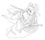  breasts cleavage fan flower foreshortening from_above full_body greyscale hair_flower hair_ornament headphones japanese_clothes kiseru large_breasts legs lineart long_hair lying maruyama megurine_luka monochrome obi oiran pipe sash simple_background solo thighs very_long_hair vocaloid 