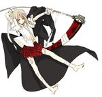  bandages barefoot feet flat_chest gloves green_eyes katsura_miya maka_albarn open_clothes open_shirt plaid plaid_skirt scythe shirt skirt sleeves_pushed_up solo soul_eater 