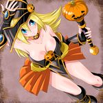  adjusting_clothes adjusting_hat artist_request blonde_hair blue_eyes breasts cleavage dark_magician_girl duel_monster food_themed_hair_ornament from_above grey_background hair_ornament halloween hat large_breasts legs pumpkin_hair_ornament solo wand yuu-gi-ou yuu-gi-ou_duel_monsters 