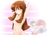  2boys armpits bad_id bad_pixiv_id blue_(pokemon) blush breasts brown_hair gold_(pokemon) groin hair_over_breasts heart lace long_hair medium_breasts multiple_boys nude one_eye_closed pokemon pokemon_special purin_(pinkcotton) silver_(pokemon) 