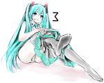  aqua_eyes aqua_hair feet foreshortening hatsune_miku long_hair maruyama necktie panties skirt solo striped striped_panties thighhighs twintails underwear undressing very_long_hair vocaloid 