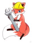  armor blue_eyes canid canine female fox hard_hat helmet looking_at_viewer mammal simple_background solo tongue tongue_out tools vavacung white_background wrench 