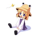  blonde_hair blue_eyes bug butterfly child eyes happy hat insect lowres md5_mismatch moriya_suwako open_mouth short_hair sitting solo thighhighs touhou yamasan 