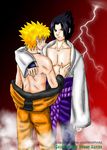  2boys back bare_shoulders black_eyes black_hair blonde_hair blue_eyes fog jewelry lightning looking_back male male_focus multiple_boys naruto necklace new-chaossapphire open_clothes open_shirt pants shirt shirtless short_hair standing uchiha_sasuke undressing uzumaki_naruto woelfinnishi yaoi 