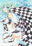  1girl :d ass blue_eyes blue_hair boots checkered elbow_gloves floating_hair fujiwara_minaho gloves gradient_hair hair_between_eyes hairband headphones high_heel_boots high_heels leotard long_hair marker_(medium) multicolored_hair open_mouth racing_miku shiny shiny_hair smile solo standing standing_on_one_leg thigh_boots thighhighs traditional_media very_long_hair vocaloid watermark white_footwear white_gloves white_hairband white_leotard 