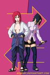  1girl bespectacled black_eyes black_hair breasts breasts_apart cosplay costume_switch glasses karin_(naruto) medium_breasts naruto_(series) naruto_shippuuden nekoni no_bra open_clothes open_shirt red_eyes red_hair shirt short_hair uchiha_sasuke weapon 