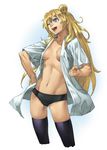  bandaid bandaid_on_nose black_legwear black_panties blonde_hair blue_eyes breasts clenched_hand cowboy_shot cozy cropped_legs fictional_persona hair_bun hand_on_hip highres long_hair lowleg lowleg_panties medium_breasts muscle navel no_pants one_eye_closed open_clothes open_mouth open_shirt original panties self-portrait shirt skindentation smile solo thighhighs underwear 