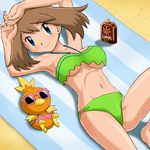  1girl armpits beach bikini blue_eyes breasts brown_hair haruka_(pokemon) large_breasts looking_at_viewer lowres lying on_back outdoors pokemoa pokemon smile soara sunglasses sunscreen swimsuit torchic underboob 