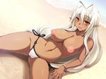  1girl antenna_hair arm_support beach bikini bracelet breasts cleavage curvy dark_elf dark_skin dutch_angle elf jewelry kouki_kuu large_breasts long_hair mound_of_venus navel nipples nitroplus orange_eyes photoshop pointy_ears red_eyes sansei_muramasa side-tie_bikini smile solo soukou_akki_muramasa spread_legs swimsuit topless water white_hair white_swimsuit 