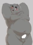  2019 anthro balls belly black_nose blush cute_fangs erection hugo_(jumperbear) humanoid_penis jumperbear male mammal moobs navel overweight overweight_male penis simple_background solo ursid 