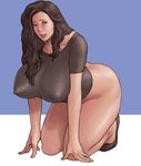  1girl black_hair blush bottomless breasts curvy erect_nipples female full_body kneeling large_breasts legs lipstick long_hair makeup milf nipples see-through simple_background solo takasugi_kou thick_thighs thighs wavy_hair 
