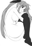  ass blush breasts fate_testarossa feet feet_out_of_frame fetal_position greyscale large_breasts long_hair lying lyrical_nanoha mahou_shoujo_lyrical_nanoha mahou_shoujo_lyrical_nanoha_a's monochrome on_side ribbon shichimenchou simple_background solo thighhighs twintails 