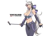  breasts cleavage detached_sleeves headphones highres impossible_clothes impossible_shirt large_breasts long_hair microphone_stand midriff nail_polish ponytail purple_nails red_eyes ribbon shirt silver_hair smile solo very_long_hair vocaloid voyakiloid yowane_haku yuzuni 