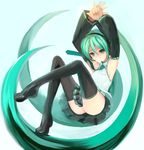  aqua_eyes aqua_hair armpits arms_up ass boots detached_sleeves hands hatsune_miku headphones headset kasutaso long_hair necktie no_panties petticoat ribbon sitting skirt solo thigh_boots thighhighs twintails very_long_hair vocaloid zettai_ryouiki 