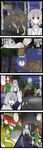  4koma ^_^ absurdres aldehyde bad_id bad_pixiv_id closed_eyes comic dinosaur fujiwara_no_mokou gantz highres hong_meiling inubashiri_momiji multiple_girls parody red_eyes red_hair remilia_scarlet shield silver_hair sword touhou translated weapon wriggle_nightbug yukkuri_shiteitte_ne 