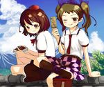  :q :t black_legwear brown_eyes brown_hair camera cellphone checkered checkered_skirt geta gigokku hat highres himekaidou_hatate kneehighs multiple_girls necktie phone pointy_ears red_eyes shameimaru_aya short_hair skirt socks tengu-geta tokin_hat tongue tongue_out touhou twintails 