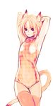  animal_ears armpits arms_behind_head bad_id bad_pixiv_id casual_one-piece_swimsuit cat_ears cat_tail china_dress chinese_clothes doraeshi dress face final_fantasy final_fantasy_xi flat_chest mithra monochrome one-piece_swimsuit simple_background solo swimsuit tail thighhighs 